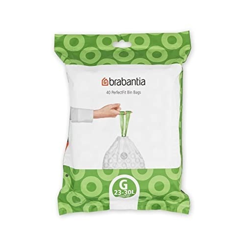 Brabantia PerfectFit Bin Liners (Size G/23-30 Litre) Thick Plastic Trash Bags with Tie Tape Drawstring Handles (40 Bags)