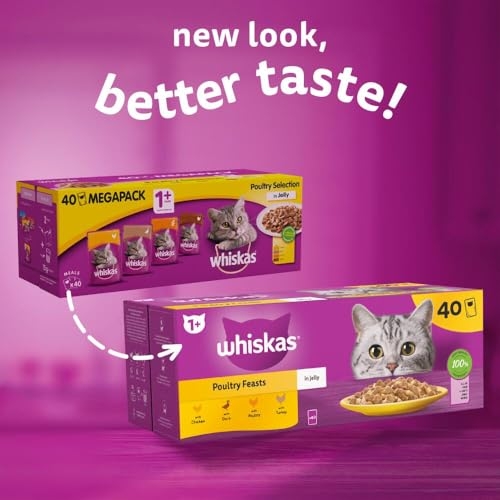 WHISKAS - 1+ Adult Wet Cat Food Pouches - 40 x 85 g - Poultry Selection - Bulk Cat Food Megapack - 40 Jelly Pouches - Image 2