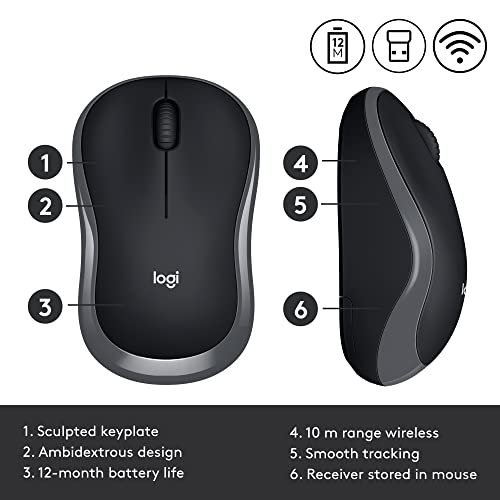 Logitech M185 Wireless Mouse, 2.4GHz with USB Mini Receiver, 12-Month Battery Life, 1000 DPI Optical Tracking, Ambidextrous, Compatible with PC, Mac, Laptop - Grey - Image 9