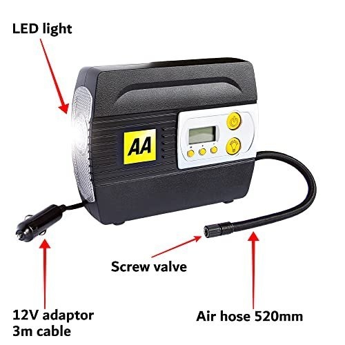 AA 12V Digital Tyre Inflator AA5502 – For Cars Other Vehicles Inflatables Bicycles - Shows PSI BAR KPA 3-100 PSI – Includes Adaptors, Black - Image 3