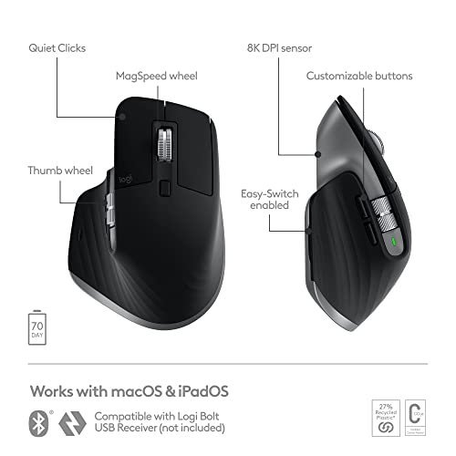 Logitech MX Master 3S for Mac - Wireless Bluetooth Mouse with Ultra-fast Scrolling, Ergo, 8K DPI, Quiet Clicks, Track on Glass, Customisation, USB-C, Apple, iPad - Space Grey - Image 8