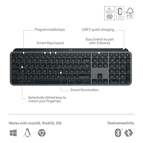 Logitech MX Keys S Wireless Keyboard, Low Profile, Fluid Quiet Typing, Programmable , Backlighting, Bluetooth, USB C Rechargeable, for Windows PC, Linux, Chrome, Mac, QWERTY UK English - Graphite - Image 6