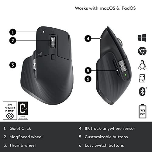 Logitech MX Master 3S - Wireless Performance Mouse with Ultra-Fast Scrolling, Ergonomic, 8K DPI, Glass Tracking, Silent Clicks, USB-C, Bluetooth, Windows, Linux, Chrome - Dark Gray - Image 7
