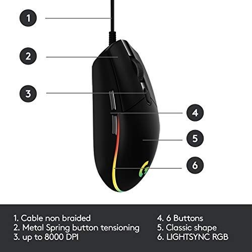 Logitech G203 LIGHTSYNC Gaming Mouse with Customizable RGB Lighting, 6 Programmable Buttons, Gaming Grade Sensor, 8K DPI Tracking, Lightweight - Black - Image 6