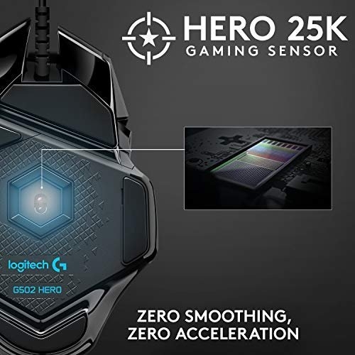 Logitech G G502 HERO High Performance Wired Gaming Mouse, HERO 25K Sensor, 25,600 DPI, RGB, Adjustable Weights, 11 Programmable Buttons, On-Board Memory, PC/Mac - Black - Image 10