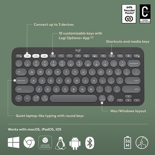 Logitech Pebble Keys 2 K380s, Multi-Device Bluetooth Wireless Keyboard with Customisable Shortcuts,Slim and Portable,Easy-Switch for Windows/macOS/iPadOS/Android/Chrome OS, QWERTY UK Layout, Graphite - Image 7