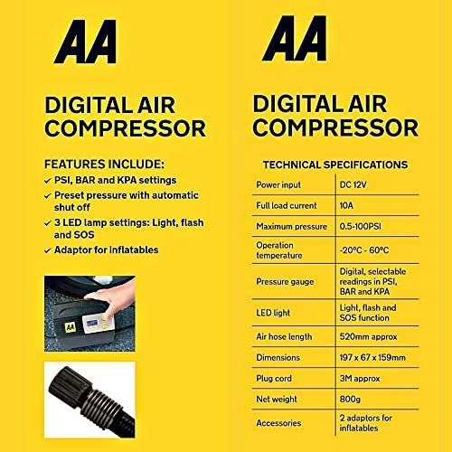 AA 12V Digital Tyre Inflator AA5502 – For Cars Other Vehicles Inflatables Bicycles - Shows PSI BAR KPA 3-100 PSI – Includes Adaptors, Black - Image 4