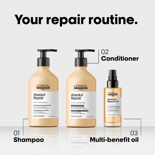 L’Oréal Professionnel Absolut Repair Shampoo, With Protein And Gold Quinoa, For Dry and Damaged Hair, Serie Expert, 500ml - Image 4