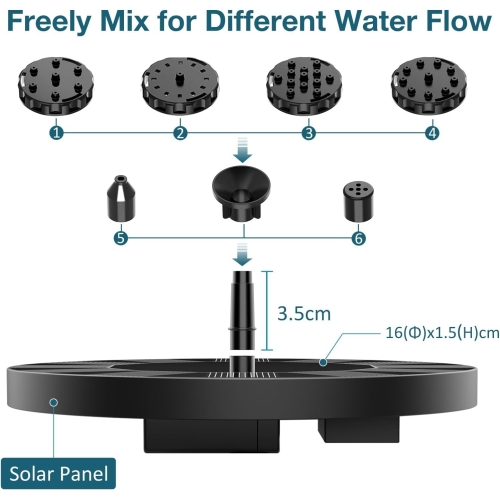 AISITIN Solar Water Fountain, Solar Powered Water Fountain with 6 Nozzles, Floating Solar Pond Pump for Bird Bath, Garden, Pond, Pool and Fish Tank - Image 5