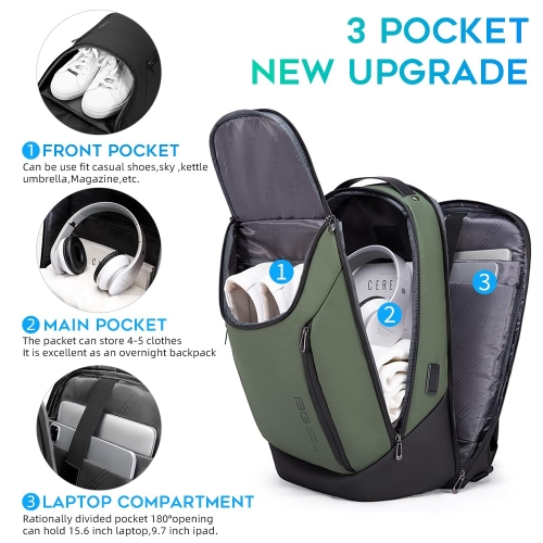 BANGE Business Smart Backpack Waterproof fit 15.6 Inch Laptop Backpack with USB Charging Port,Travel Durable Backpack (Green(three Pocket) - Image 6