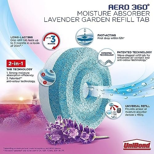 UniBond AERO 360° Moisture Absorber Lavender Garden Refill Tab, aromatherapy, ultra-absorbent and odour-neutralising, for AERO 360° Dehumidifier, Condensation Absorbers, Twin Pack (2 x 450g) - Image 5