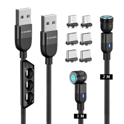 P-TECHUK Fast Charging Magnetic Data Cable, Magnetic Charging Cable with Data Transmission. Type C and Micro Usb connectors - A17 Black (1M 2M Cables, 1 x Tip Holder, 6 x Tips)