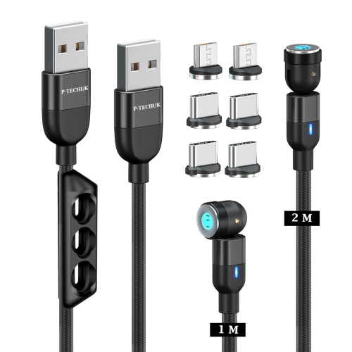 P-TECHUK Fast Charging Magnetic Data Cable, Magnetic Charging Cable with Data Transmission. Type C and Micro Usb connectors - A17 Black (1M 2M Cables, 1 x Tip Holder, 6 x Tips)