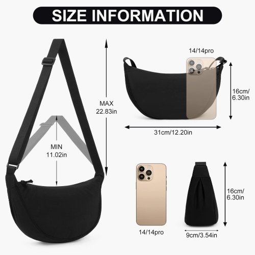 DKIIL NOIYB Crescent Bag for Women Men, Nylon Crescent Bags Hobos Crossbody Bag Portable Crescent Purse with Adjustable Strap Solid Color Chest Bag Shoulder Bag Fanny Packs A01-black, 31cm - Image 3