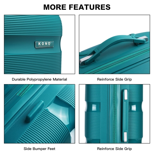 Kono 55x40x20cm Cabin Hand Luggage Hard Shell Travel Trolley 4 Spinner Wheels Lightweight Polypropylene Carry On Suitcase with TSA Lock 40L (Turquoise) - Image 2