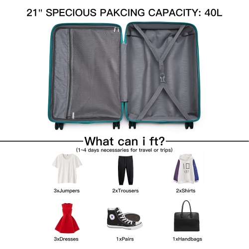 Kono 55x40x20cm Cabin Hand Luggage Hard Shell Travel Trolley 4 Spinner Wheels Lightweight Polypropylene Carry On Suitcase with TSA Lock 40L (Turquoise) - Image 4