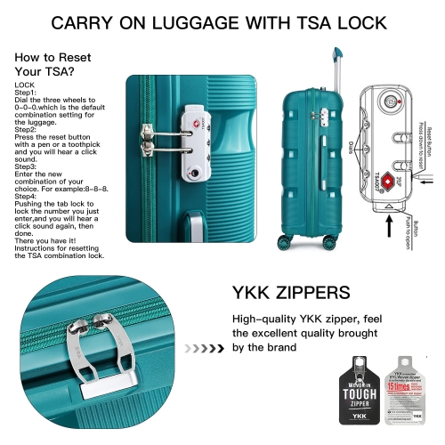 Kono 55x40x20cm Cabin Hand Luggage Hard Shell Travel Trolley 4 Spinner Wheels Lightweight Polypropylene Carry On Suitcase with TSA Lock 40L (Turquoise) - Image 5