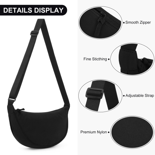 DKIIL NOIYB Crescent Bag for Women Men, Nylon Crescent Bags Hobos Crossbody Bag Portable Crescent Purse with Adjustable Strap Solid Color Chest Bag Shoulder Bag Fanny Packs A01-black, 31cm - Image 5