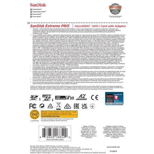 SanDisk 256GB Extreme PRO micro SD card + SD adapter, (For Smartphones, Action Cams, Drones, Speeds up to 200 MB/s) A2 App Performance + RescuePro Deluxe UHS-I, Class 10, U3, - Image 2