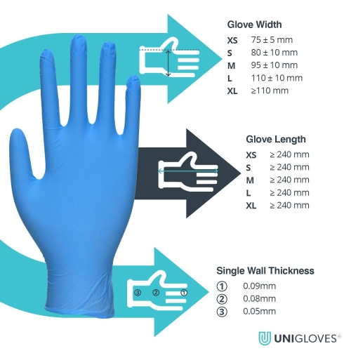 Unigloves Unicare GS0033 Nitrile Examination - Multipurpose Powder Free Disposable Gloves, Box of 100 Gloves, Blue, Medium - Image 3