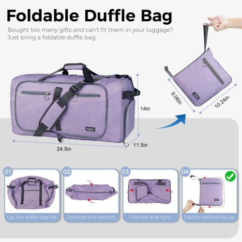 Fmeida 65L Foldable Travel Duffle Bag, Lightweight Waterproof Weekend Luggage with Shoes Compartment, Large Overnight Holdall Tote, Purple - Image 6