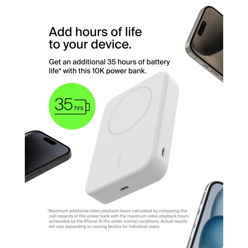 Belkin BoostCharge Pro Wireless Power Bank 10000mAh with Qi2, MagSafe Compatible Portable Charger + Built-in Pop-up Kickstand - For iPhone 16, 16 Plus, 16 Pro, 16 Pro Max, iPhone 15, and More - White - Image 7