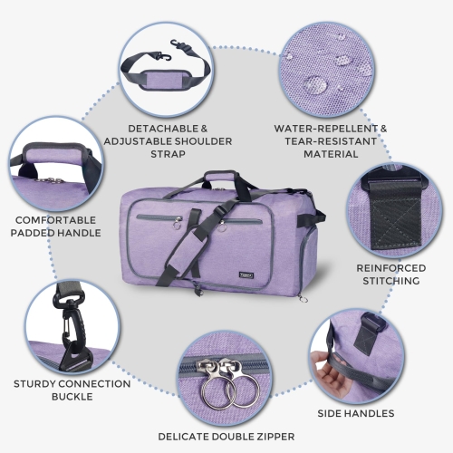 Fmeida 65L Foldable Travel Duffle Bag, Lightweight Waterproof Weekend Luggage with Shoes Compartment, Large Overnight Holdall Tote, Purple - Image 3