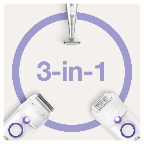 Braun Silk-épil 5 Power Epilator For Hair Removal with Electric Shaver Head & Bikini Trimmer, Corded Epilator with 28 Tweezers, Gifts for Women, 5-825, White/Purple - Image 4