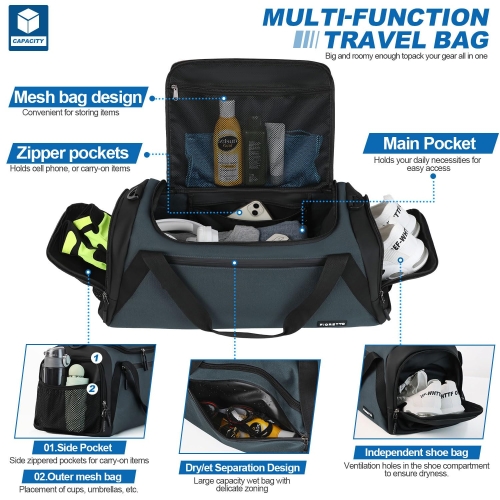 FIORETTO 45L Mens Sports Gym Bag with Wet Pocket & Shoe Compartment, Travel Duffle Bag Overnight Bag with Padded Shoulder Strap, Water-Resistant Holdall for Swimming, Basketball, Football Grey - Image 6