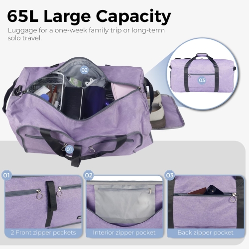 Fmeida 65L Foldable Travel Duffle Bag, Lightweight Waterproof Weekend Luggage with Shoes Compartment, Large Overnight Holdall Tote, Purple - Image 5