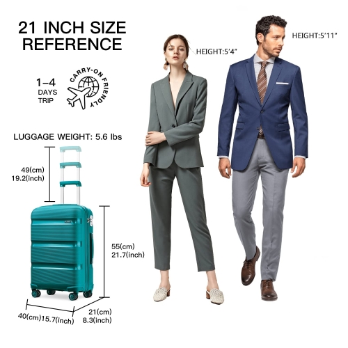 Kono 55x40x20cm Cabin Hand Luggage Hard Shell Travel Trolley 4 Spinner Wheels Lightweight Polypropylene Carry On Suitcase with TSA Lock 40L (Turquoise) - Image 7