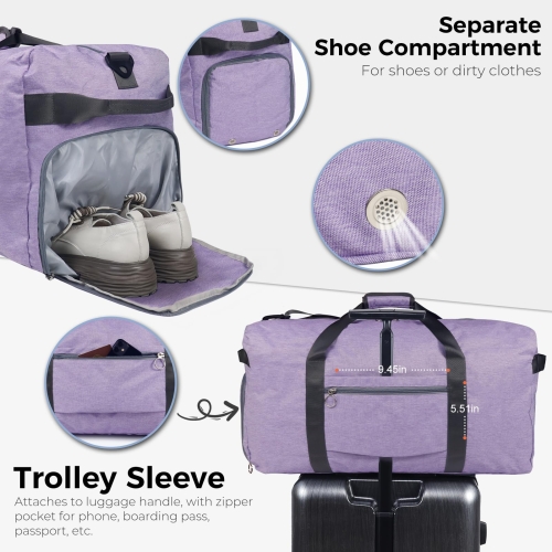 Fmeida 65L Foldable Travel Duffle Bag, Lightweight Waterproof Weekend Luggage with Shoes Compartment, Large Overnight Holdall Tote, Purple - Image 4