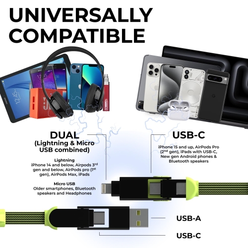 Rolling Square inCharge XL Pocket - USB C Charger Cable, Lightning Cable for Smartphone, Universal Cable Charger 6 in 1, Ultra-Fast Charging Usb 100W, 15cm, Black/Lime - Image 6