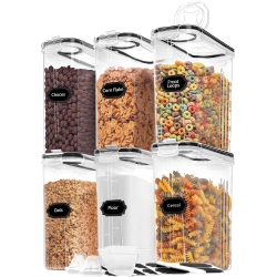 Skroam Cereal Containers Storage of 6 [4L/135.2 oz], Airtight Food Storage Containers with Lids, Plastic Cereal Dispensers for Kitchen & Pantry Organizers and Storage, Measuring Cup & 20 Labels