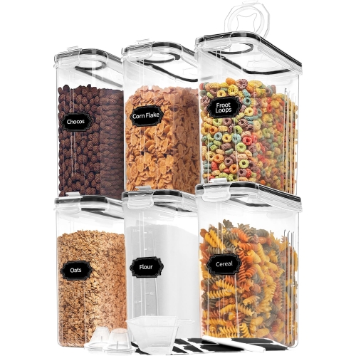 Skroam Cereal Containers Storage of 6 [4L/135.2 oz], Airtight Food Storage Containers with Lids, Plastic Cereal Dispensers for Kitchen & Pantry Organizers and Storage, Measuring Cup & 20 Labels