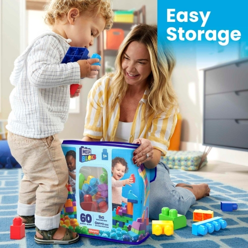 MEGA BLOKS Big Building Bag building set with 60 big and colorful building blocks, and 1 storage bag, toy gift set for ages 1 and up, DCH55 - Image 4