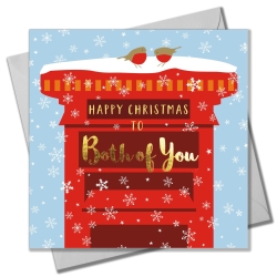 Claire Giles Greeting Cards, Happy Christmas Card, Both of You, Robins & Postbox design xmas Greeting Card, Text Foiled in Shiny Gold