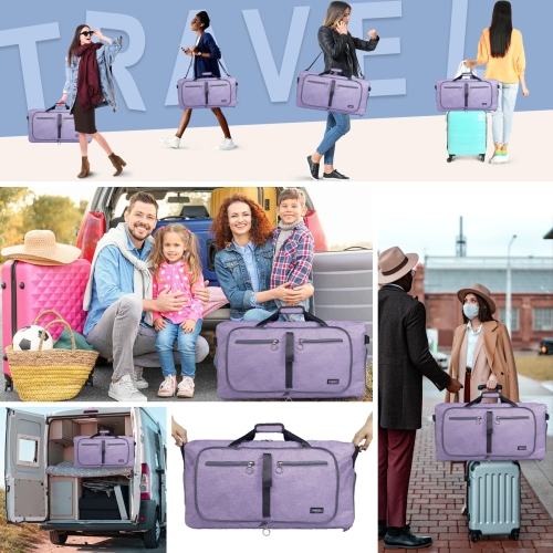 Fmeida 65L Foldable Travel Duffle Bag, Lightweight Waterproof Weekend Luggage with Shoes Compartment, Large Overnight Holdall Tote, Purple - Image 7