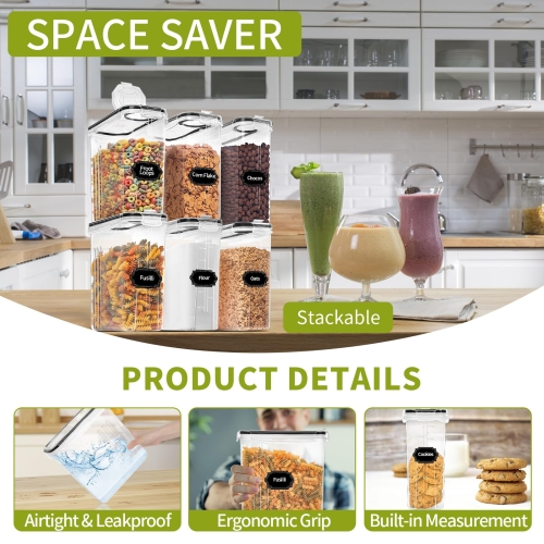 Skroam Cereal Containers Storage of 6 [4L/135.2 oz], Airtight Food Storage Containers with Lids, Plastic Cereal Dispensers for Kitchen & Pantry Organizers and Storage, Measuring Cup & 20 Labels - Image 6