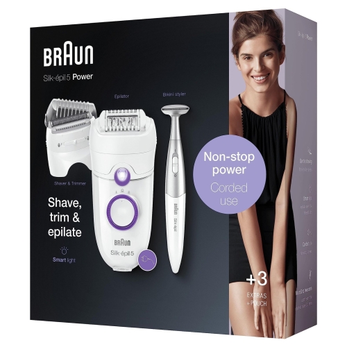 Braun Silk-épil 5 Power Epilator For Hair Removal with Electric Shaver Head & Bikini Trimmer, Corded Epilator with 28 Tweezers, Gifts for Women, 5-825, White/Purple - Image 2