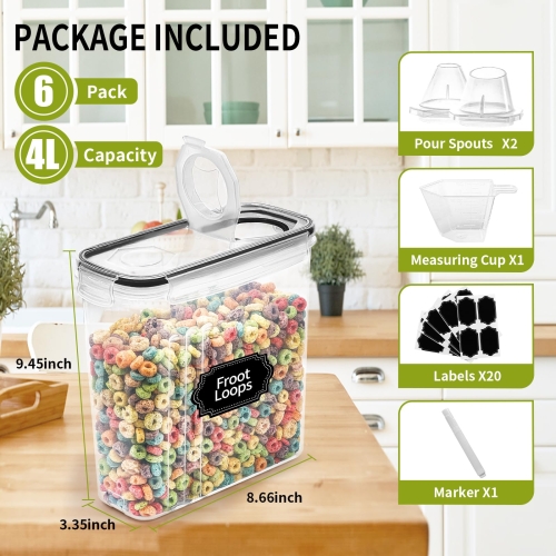 Skroam Cereal Containers Storage of 6 [4L/135.2 oz], Airtight Food Storage Containers with Lids, Plastic Cereal Dispensers for Kitchen & Pantry Organizers and Storage, Measuring Cup & 20 Labels - Image 7