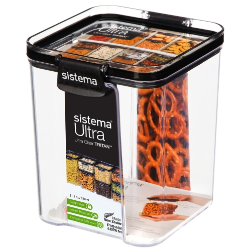 Sistema Ultra Airtight Pantry Storage Container | 920 ml Square Food Storage Container | Stackable | with Locking Clips | BPA-Free | Clear with Black Accents - Image 7