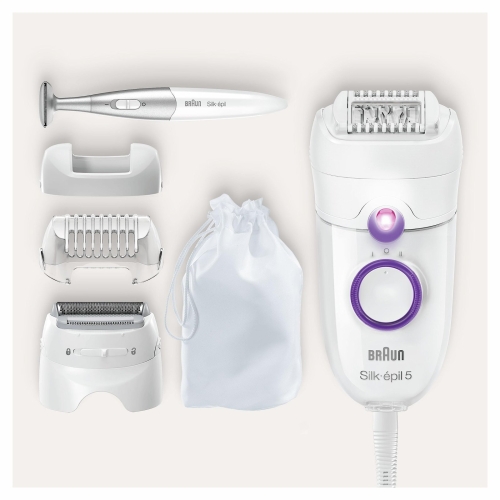 Braun Silk-épil 5 Power Epilator For Hair Removal with Electric Shaver Head & Bikini Trimmer, Corded Epilator with 28 Tweezers, Gifts for Women, 5-825, White/Purple - Image 5