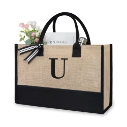 TOPDesign Initial Jute/Canvas Tote Bag, Personalized Present Bag, Suitable for Wedding, Birthday, Beach, Holiday, is a Great Gift for Women, Mom, Teachers, Friends, Bridesmaids (Letter U)