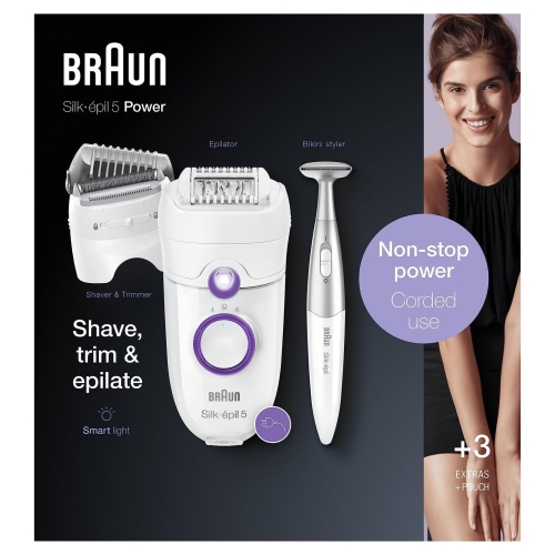 Braun Silk-épil 5 Power Epilator For Hair Removal with Electric Shaver Head & Bikini Trimmer, Corded Epilator with 28 Tweezers, Gifts for Women, 5-825, White/Purple - Image 6