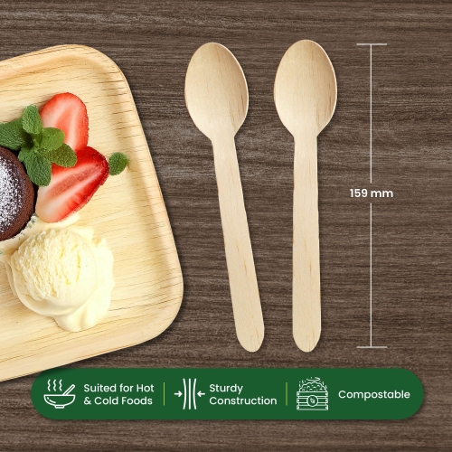 Eco Leaf 100pcs Disposable Wooden Spoons, 16cm, Biodegradable & Compostable Eco-Friendly Cutlery Set for Weddings, Picnics, Parties, Camping & Catering | Sturdy Birch Wood & Bamboo Spoons - Image 6