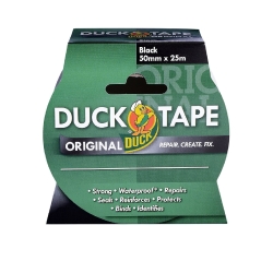 Duck Tape Original Black, 50mm x 25m. The original high strength waterproof gaffer and duct adhesive cloth repair tape