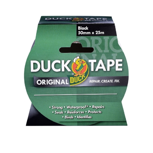 Duck Tape Original Black, 50mm x 25m. The original high strength waterproof gaffer and duct adhesive cloth repair tape